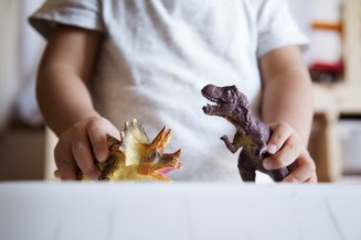 criança brincando com dois dinossauros