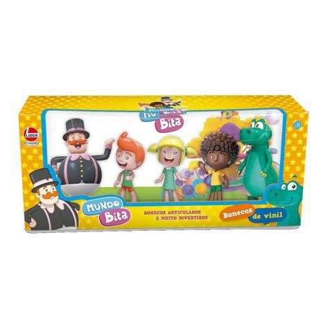 embalagem do kit com os cinco personagens principais do mundo bita, todos articulados