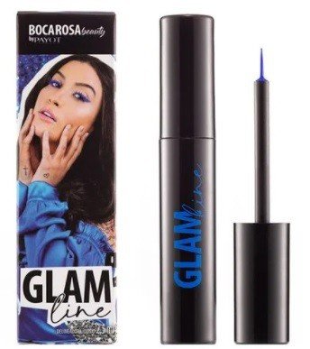 caixinha de gloss glam line boca rosa e um delineador azul aberto fora da caixa