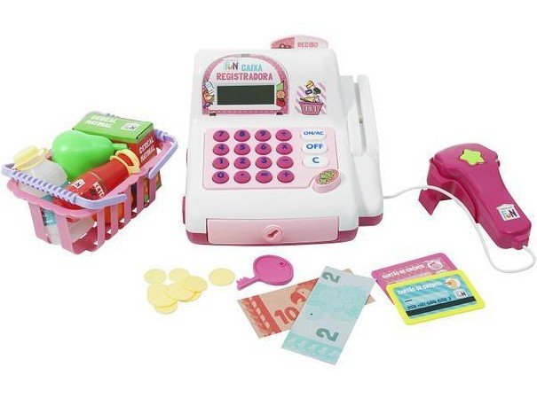 caixa registradora de brinquedo, cestinha com produtos e dinheiro de brincadeira