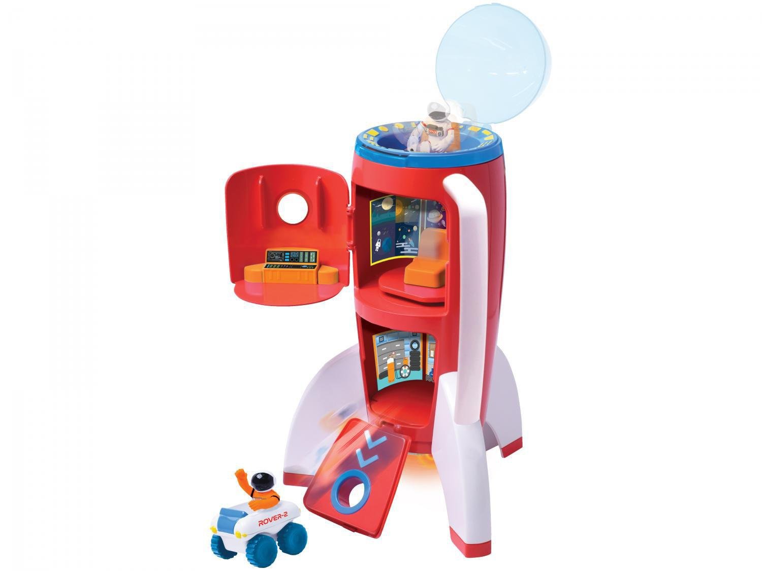 foguete de brinquedo com dois bonecos astronauta