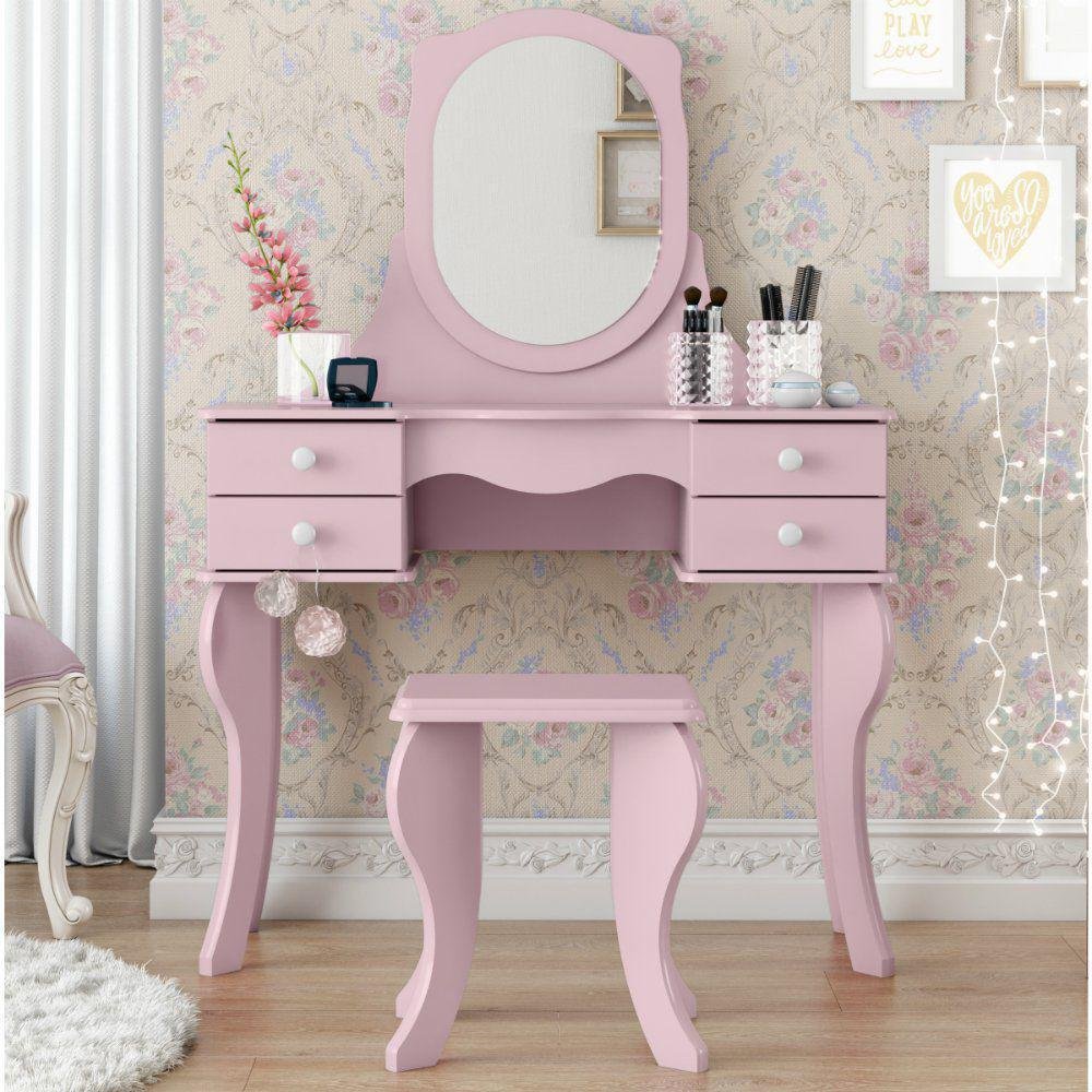 penteadeira retrô rosa romantica com espelho e banquinho