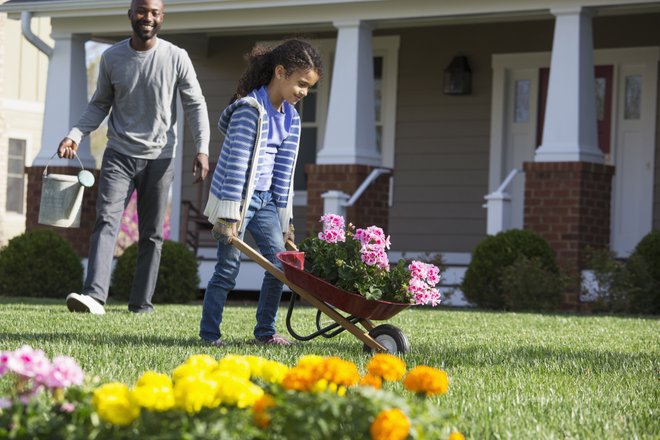 criança empurrando carriola cheia de flores e adulto atrás acompanhando