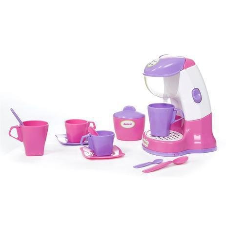 cafeteira de brinquedo com xícaras, pires e colherzinha branco roxo e rosa