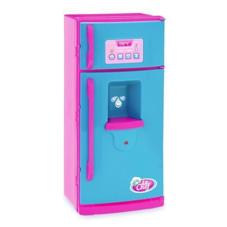 geladeira de brinquedo azul e rosa com dispenser de água
