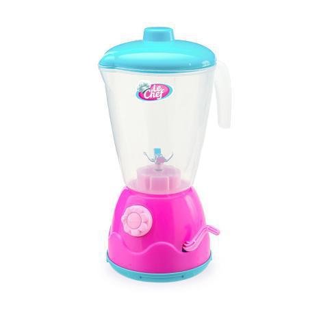 liquidificador de brinquedo com base rosa, copo transparente e tampa azul