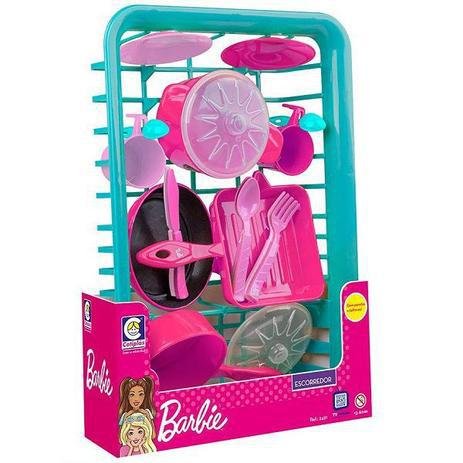 escorredor de louça de brinquedo azul da Barbie com acessórios rosa