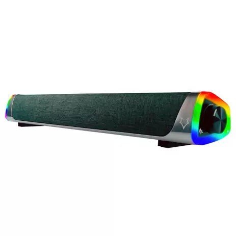 aparelho soundbar horizontal preto com ponta colorida