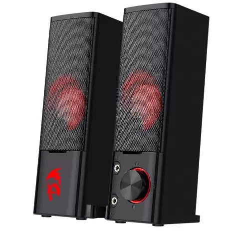 duas caixinhas de soundbar pretas com luzes vermelhas