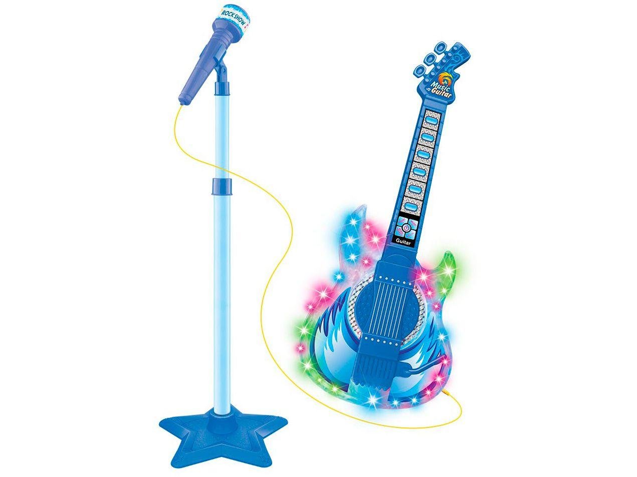 microfone com pedestal e guitarra infantil