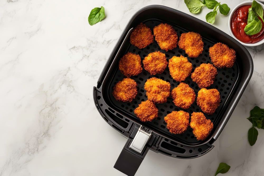 vista de cima de um cesto da air fryer Ninja cheia de nuggets crocantes preparados sem óleo.