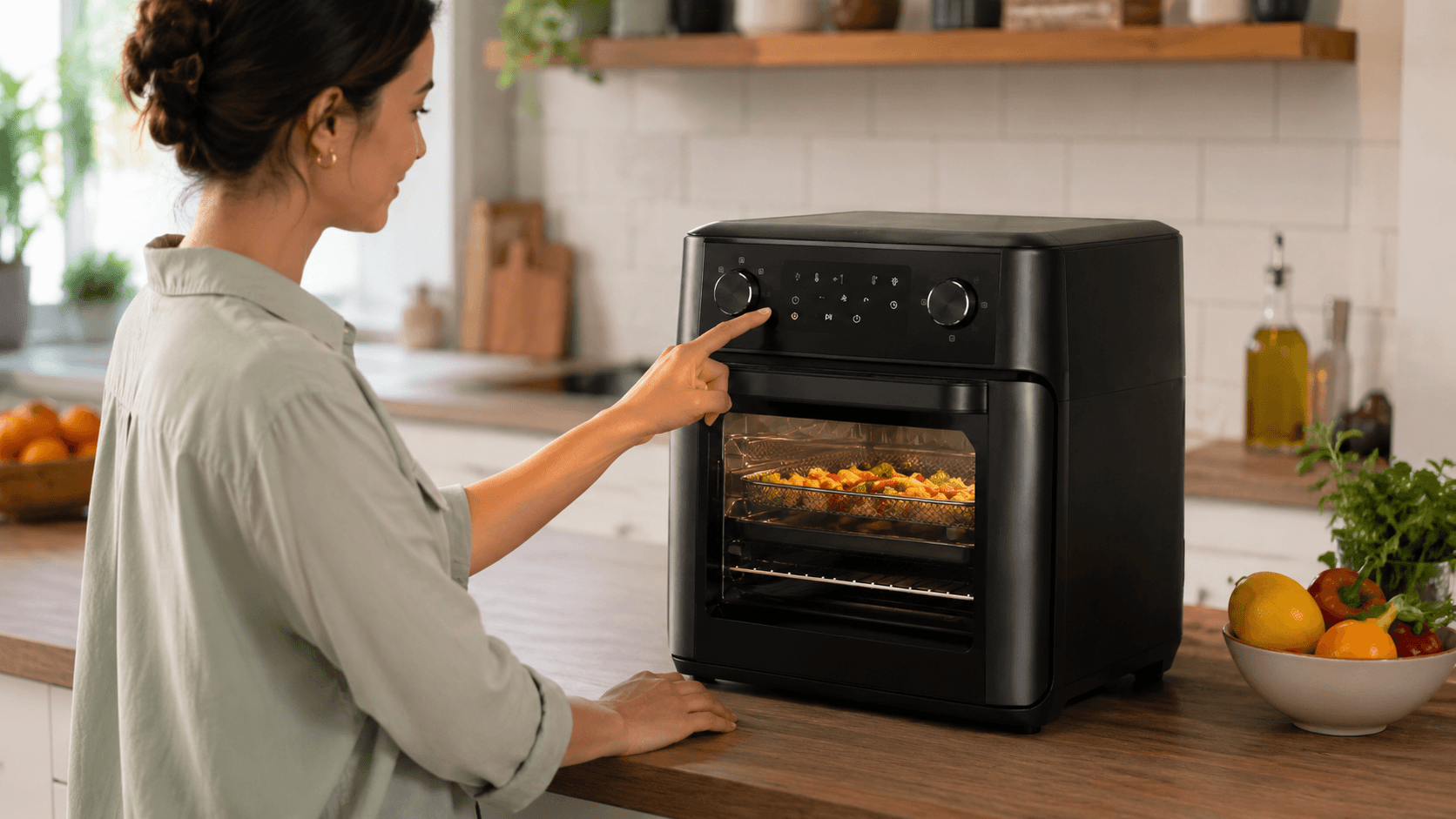 Air fryer 12 litros em formato oven sendo usada em uma cozinha moderna, com a pessoa ajustando o painel do aparelho