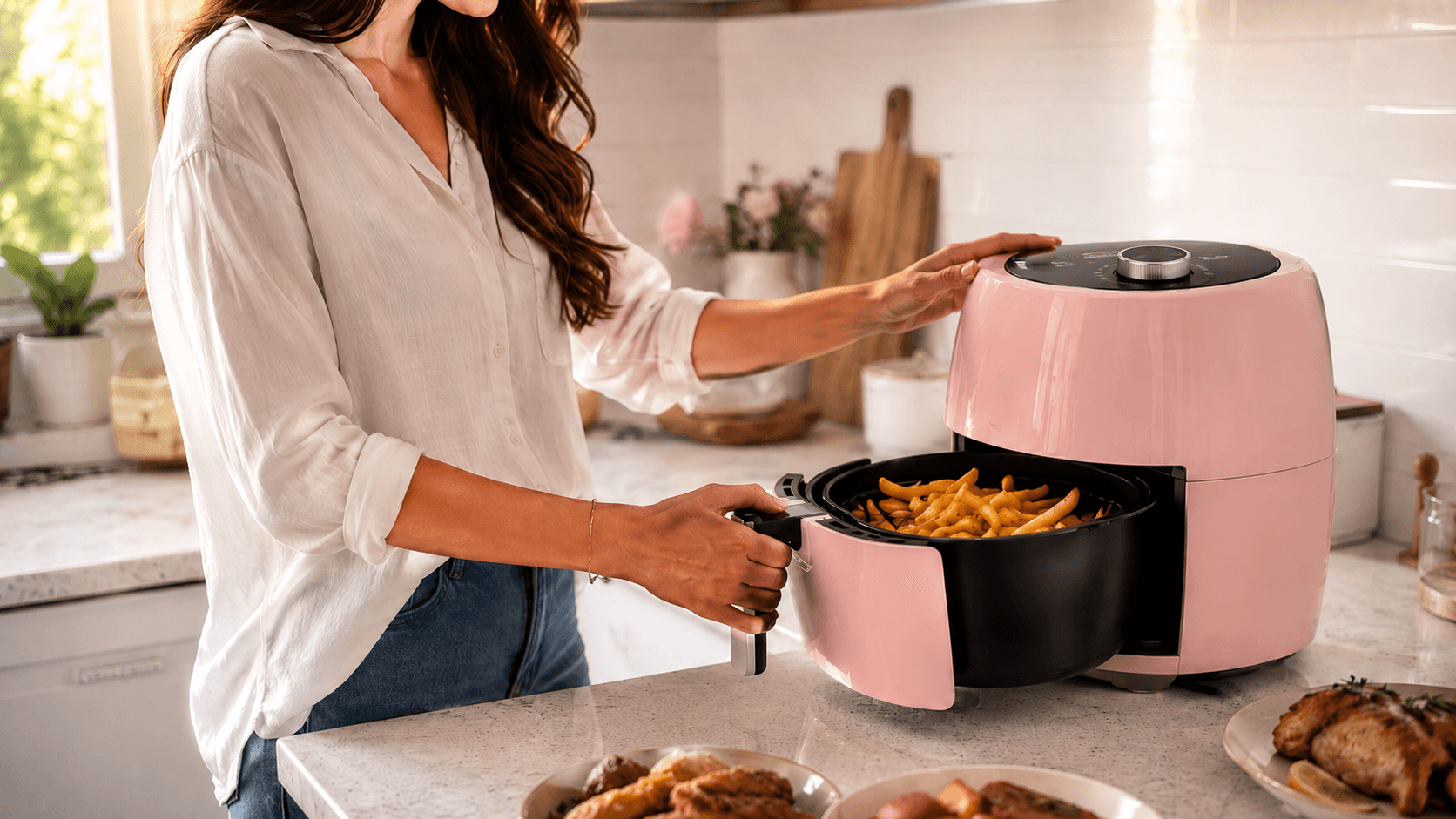 Air fryer rosa sendo usada em uma cozinha moderna, com cesto aberto e batatas fritas prontas