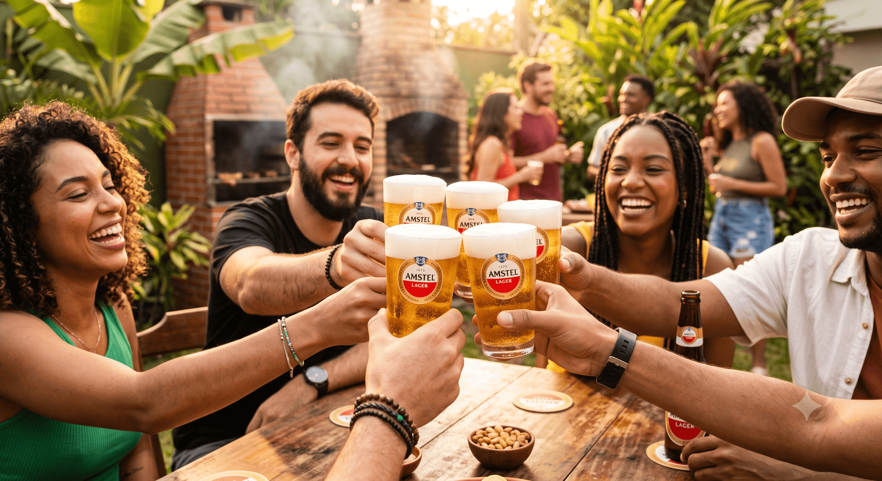 Quatro pessoas brindando com copos de cerveja Amstel dourada com espuma, em clima de comemoração ao ar livre, com mãos em destaque e fundo desfocado.