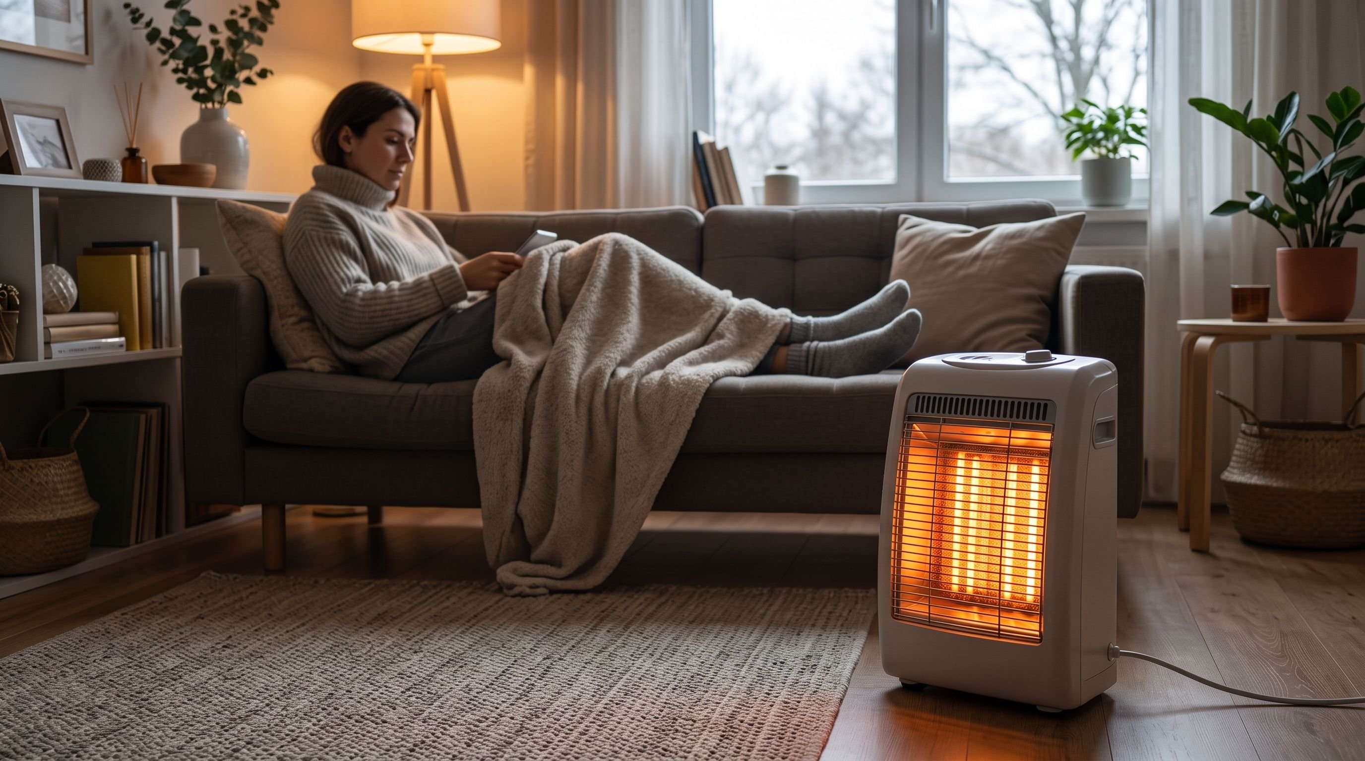 Aquecedor el&eacute;trico port&aacute;til ligado no ch&atilde;o da sala, com pessoa sentada no sof&aacute; durante um dia frio.