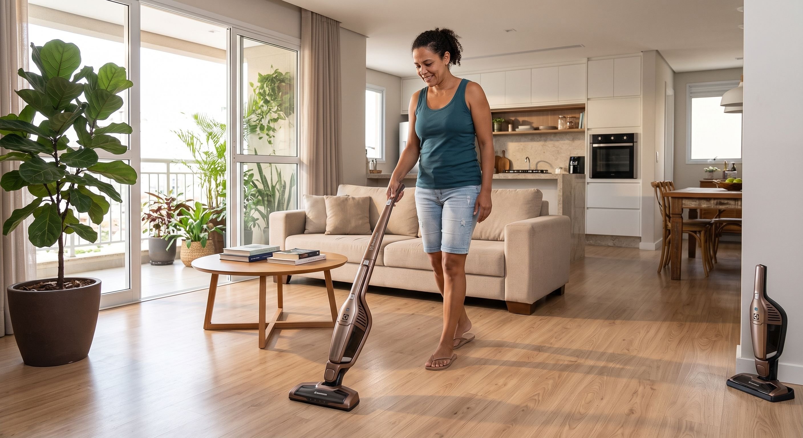 Pessoa usando aspirador de p&oacute; Electrolux Ergorapido sem fio na limpeza do piso de uma sala integrada e bem iluminada. 