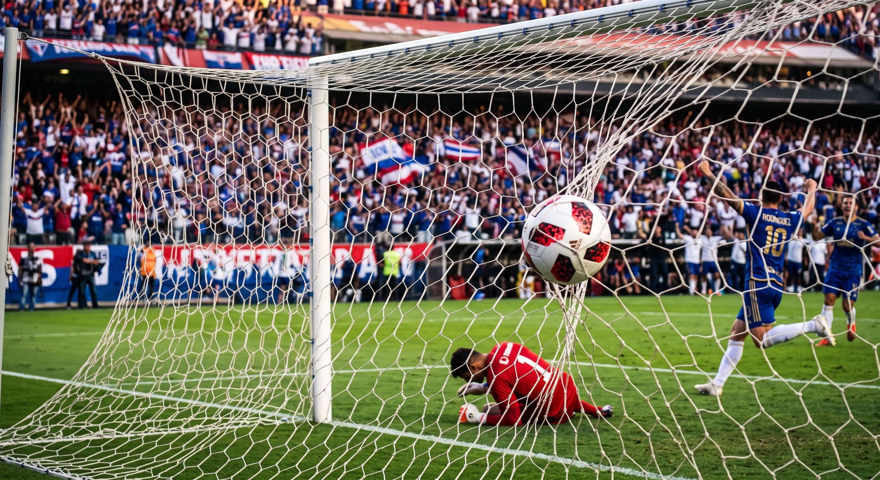 Bola no fundo da rede ap&oacute;s um gol.
