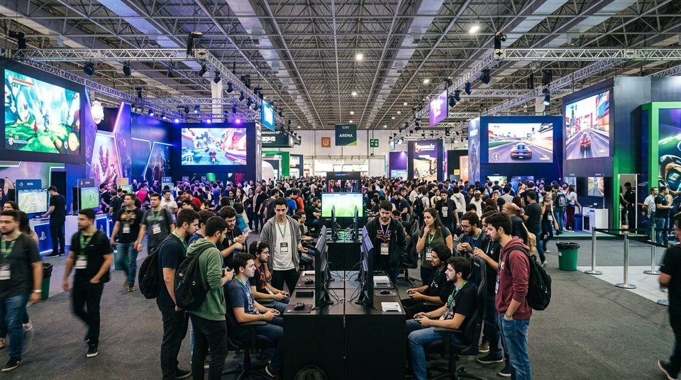 Visitantes explorando estandes e testando videogames em uma feira gamer inspirada na Brasil Game Show 2026