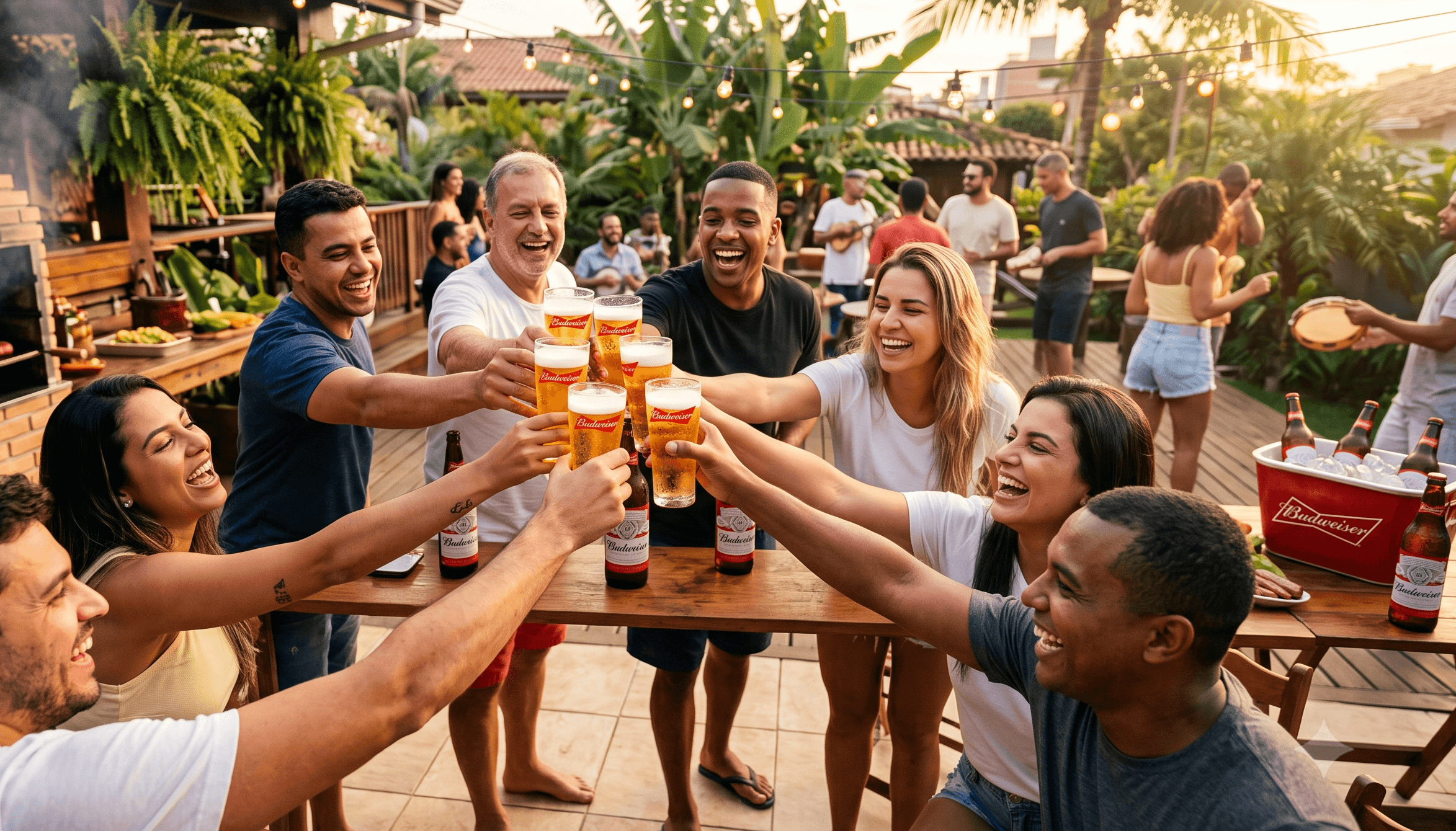 Várias pessoas brindando com copos de cerveja budweiser dourada em um encontro descontraído ao ar livre, com as mãos estendidas em gesto de comemoração.