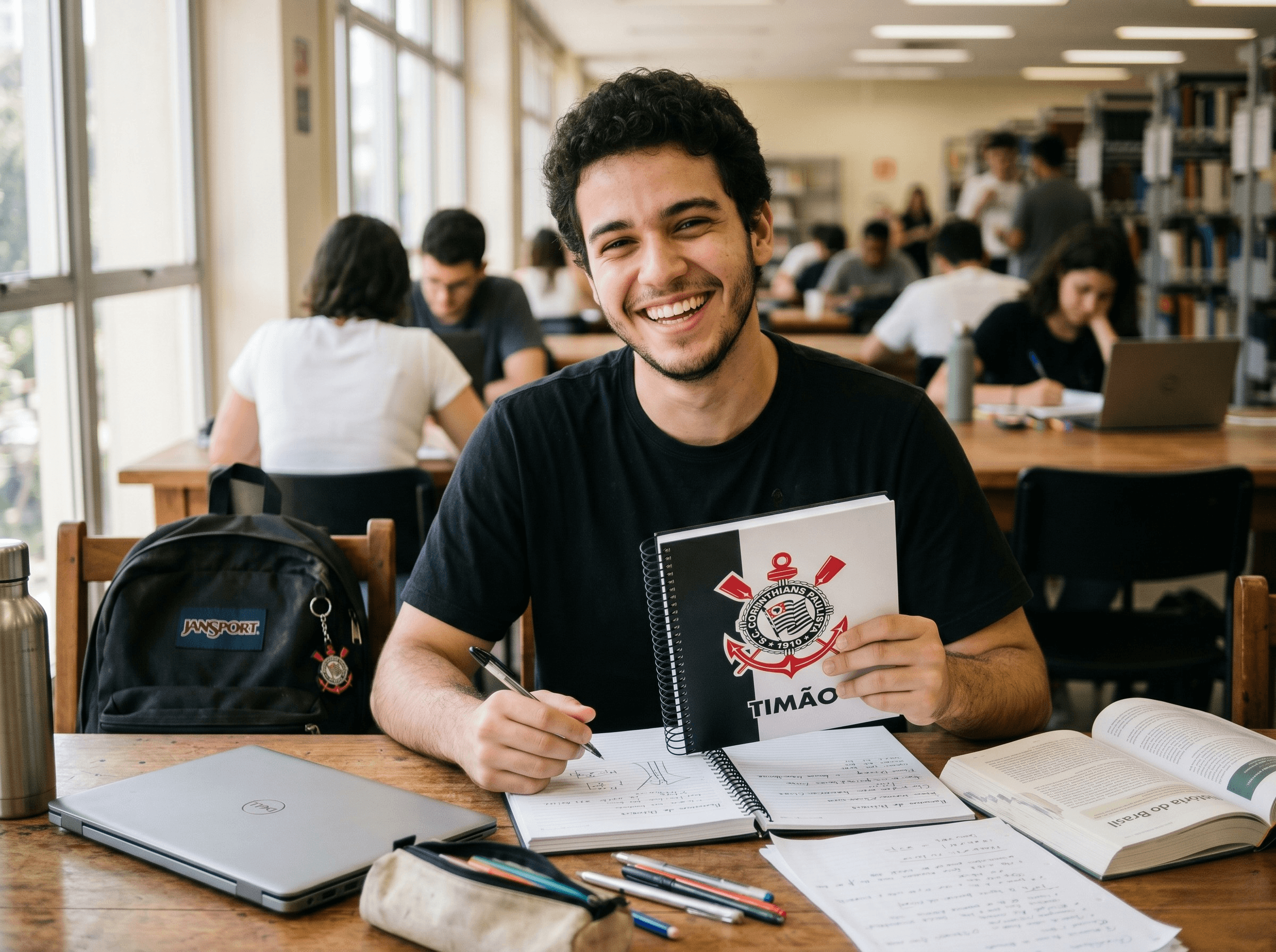 Caderno do Corinthians com capa preta e escudo do clube sobre mesa de estudos com canetas ao lado.