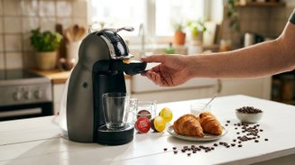Cafeteira Dolce Gusto com cápsula no bico dispensador, ao lado de cápsulas de café, croissants e grãos na mesa branca, ilustrando como usar a cafeteira Dolce Gusto.