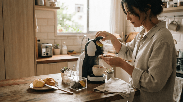 Mulher preparando café em uma cafeteira Dolce Gusto Mini Me compacta sobre a bancada de uma cozinha pequena, com xícara e cápsulas ao redor.