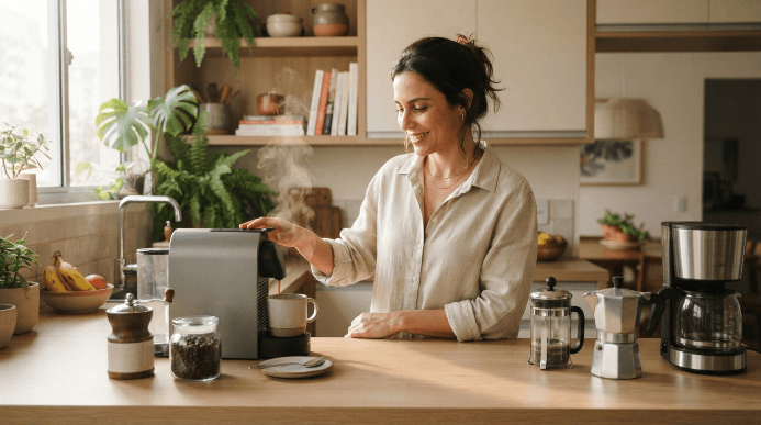 Mulher preparando café em uma cafeteira doméstica sobre a bancada de uma cozinha iluminada, com xícara e itens de preparo ao redor.