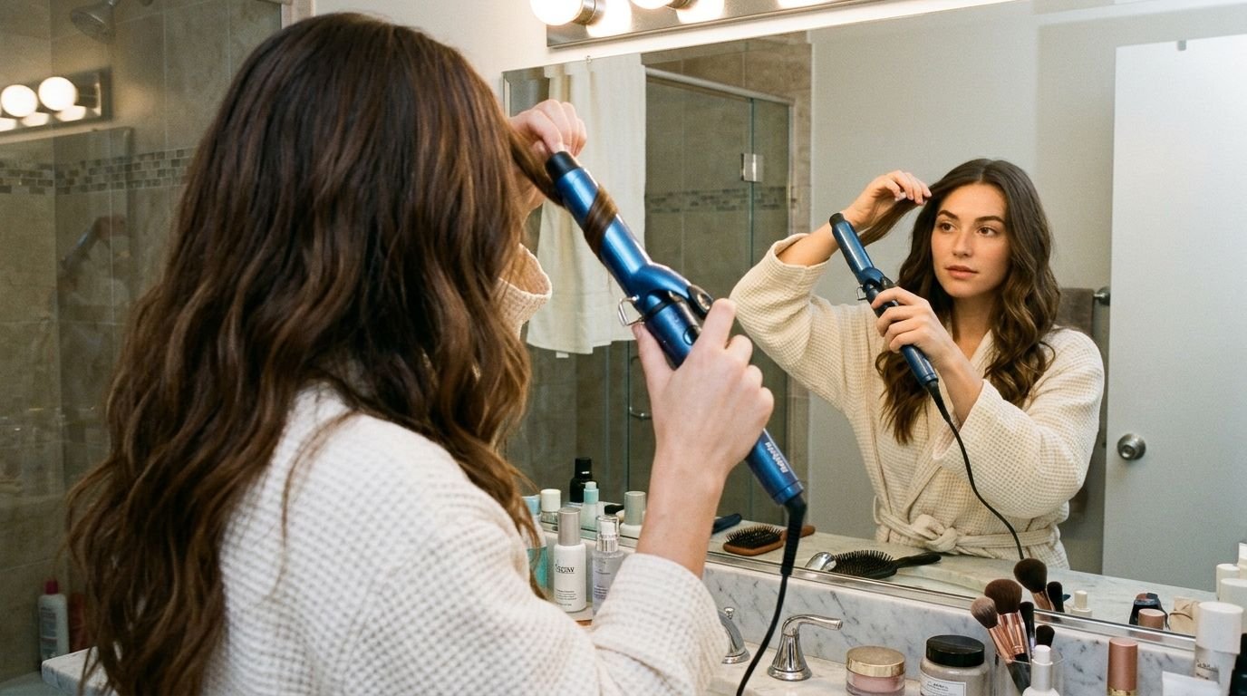 Mulher usando chapinha babyliss azul pra modelar o cabelo diante do espelho.