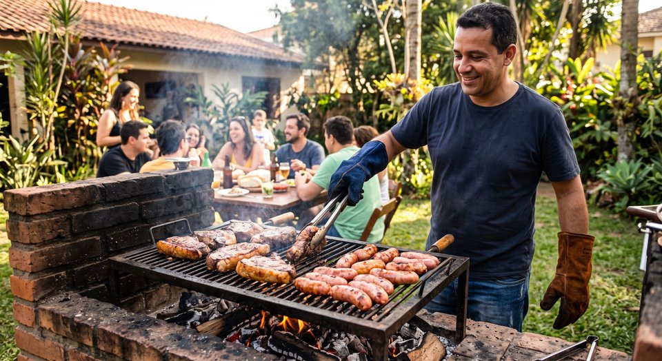 Carne boa para churrasco: bife e linguiças sendo assados em uma churrasqueira com pinças e luvas de proteção, evidenciando a textura dourada da carne grelhada.