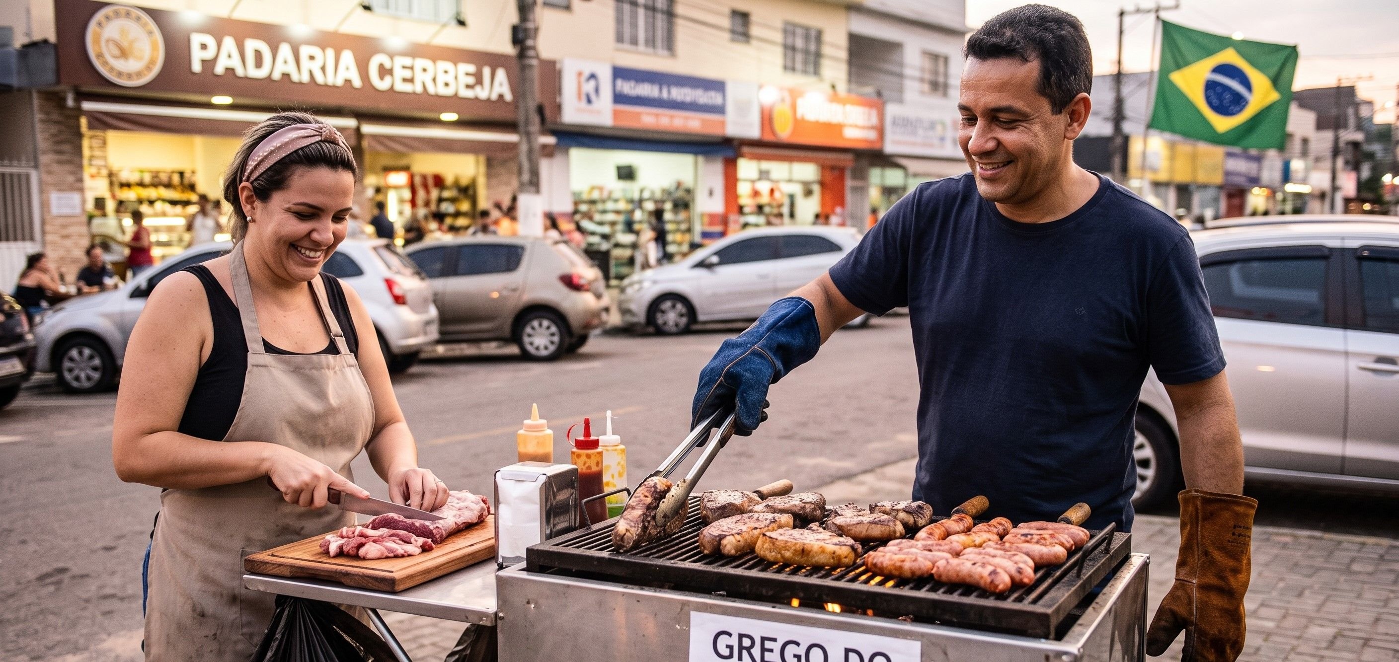 Pessoas preparando churrasco em uma churrasqueira de rua, com carne sendo colocada na chapa/grelha e peda&ccedil;os j&aacute; assados.