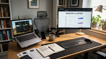Computador desktop e notebook sobre uma mesa de home office organizada, representando a comparação entre modelos para escolher o computador ideal. 