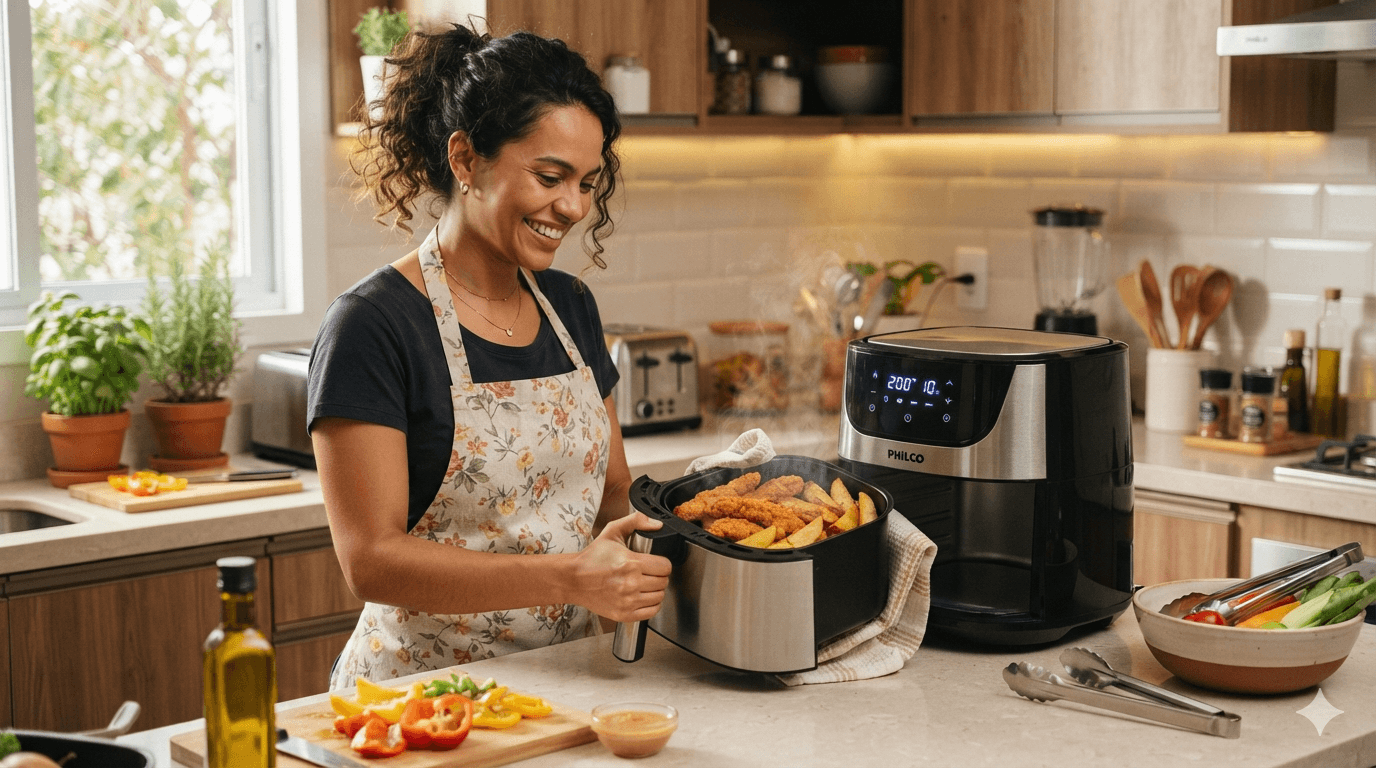 Uma mulher utilizando air fryer Philco na cozinha, preparando alimentos de forma prática e rápida no dia a dia