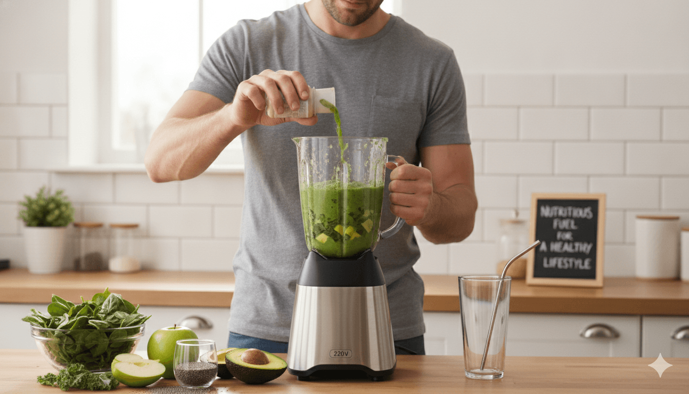 Pessoa preparando um smoothie verde saudável em um liquidificador 220v na cozinha, ideal para quem busca alimentação nutritiva e lifestyle saudável