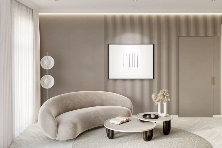 Sala cinza com sofá circular
