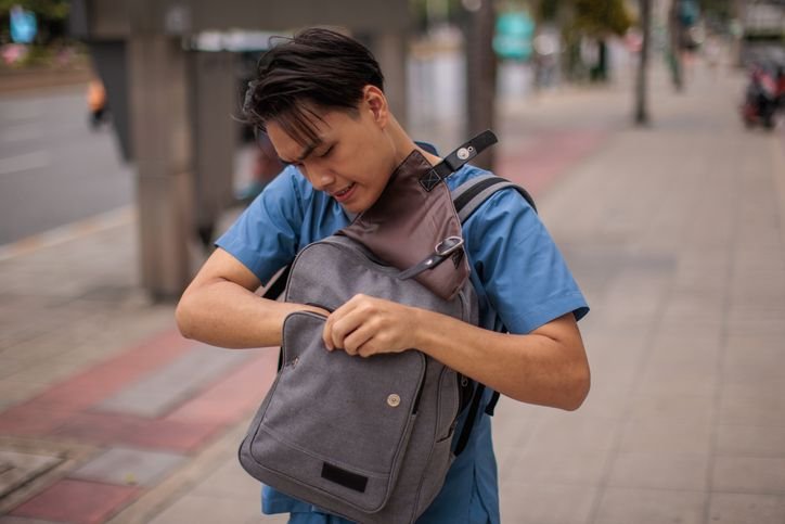 Homem usando mochila transversal cinza, ajustando o bolso enquanto caminha pela rua urbana.