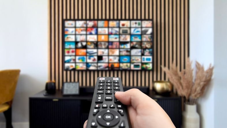 pessoa apontando o controle remoto e escolhendo o que vai assistir na sua TV QLED 55
