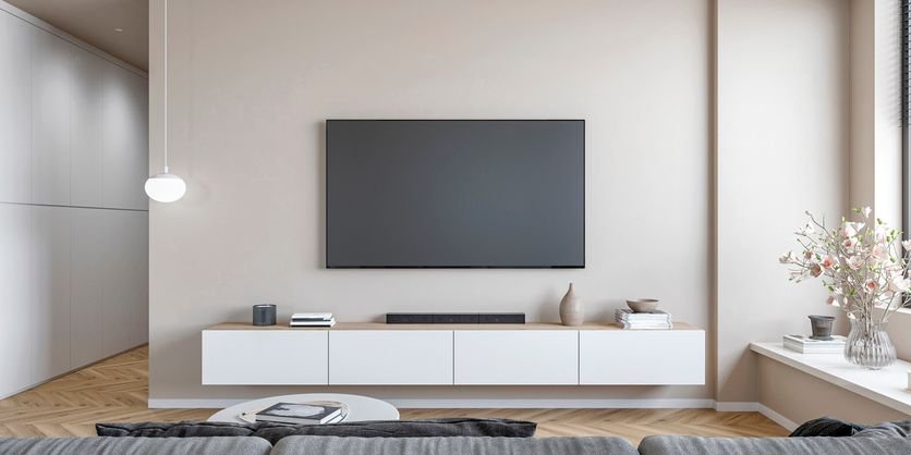 Sala de estar moderna com TV Mini LED instalada em painel, exibindo imagem colorida e de alta definição. Ambiente aconchegante com decoração contemporânea, destacando a experiência imersiva de uma smart TV premium pra filmes, séries e games.