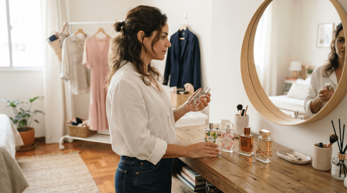 Mulher escolhendo entre diferentes perfumes femininos em uma penteadeira, com opções que representam fragrâncias frescas, florais e marcantes.