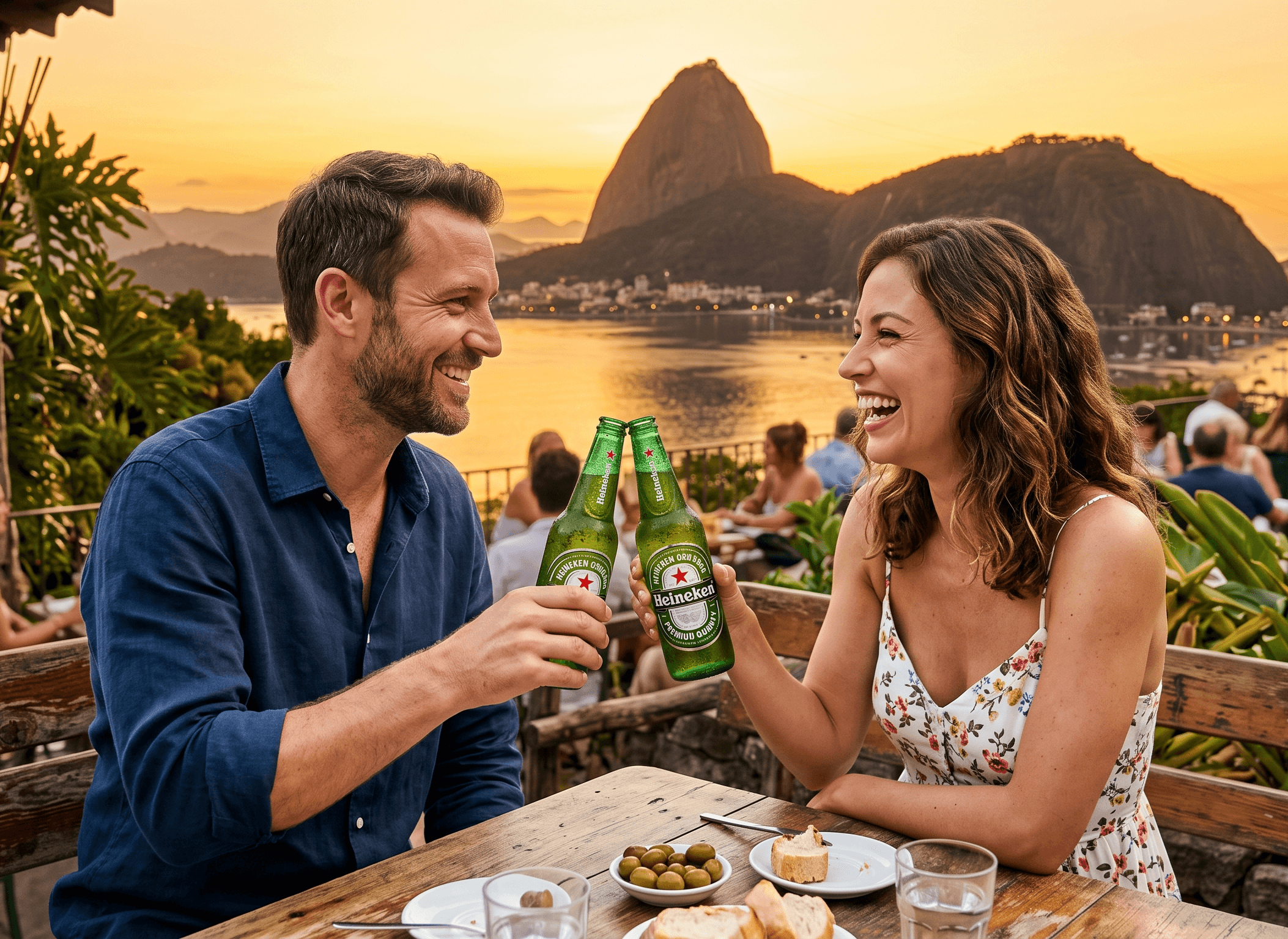 Casal brindando com cerveja Heineken em garrafas, em momento descontra&iacute;do ao ar livre. 