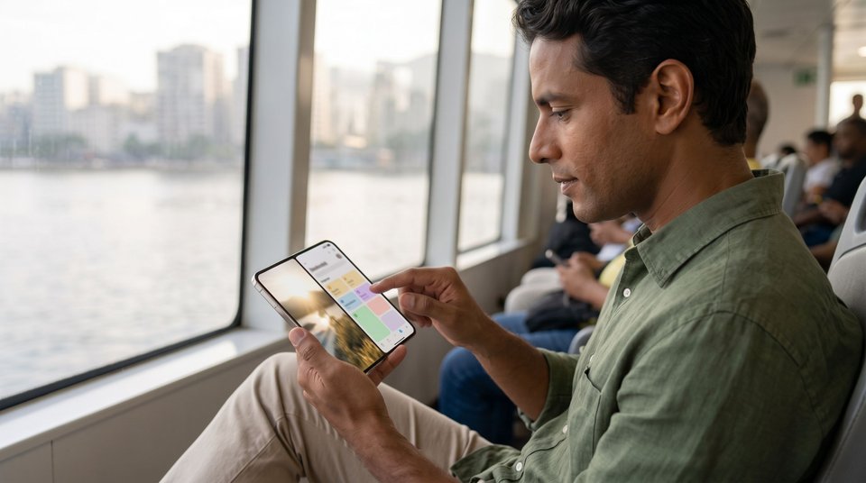 Homem usa o iPhone Duo aberto em uma sala de espera, com o formato dobrável claramente visível e integrado à rotina.