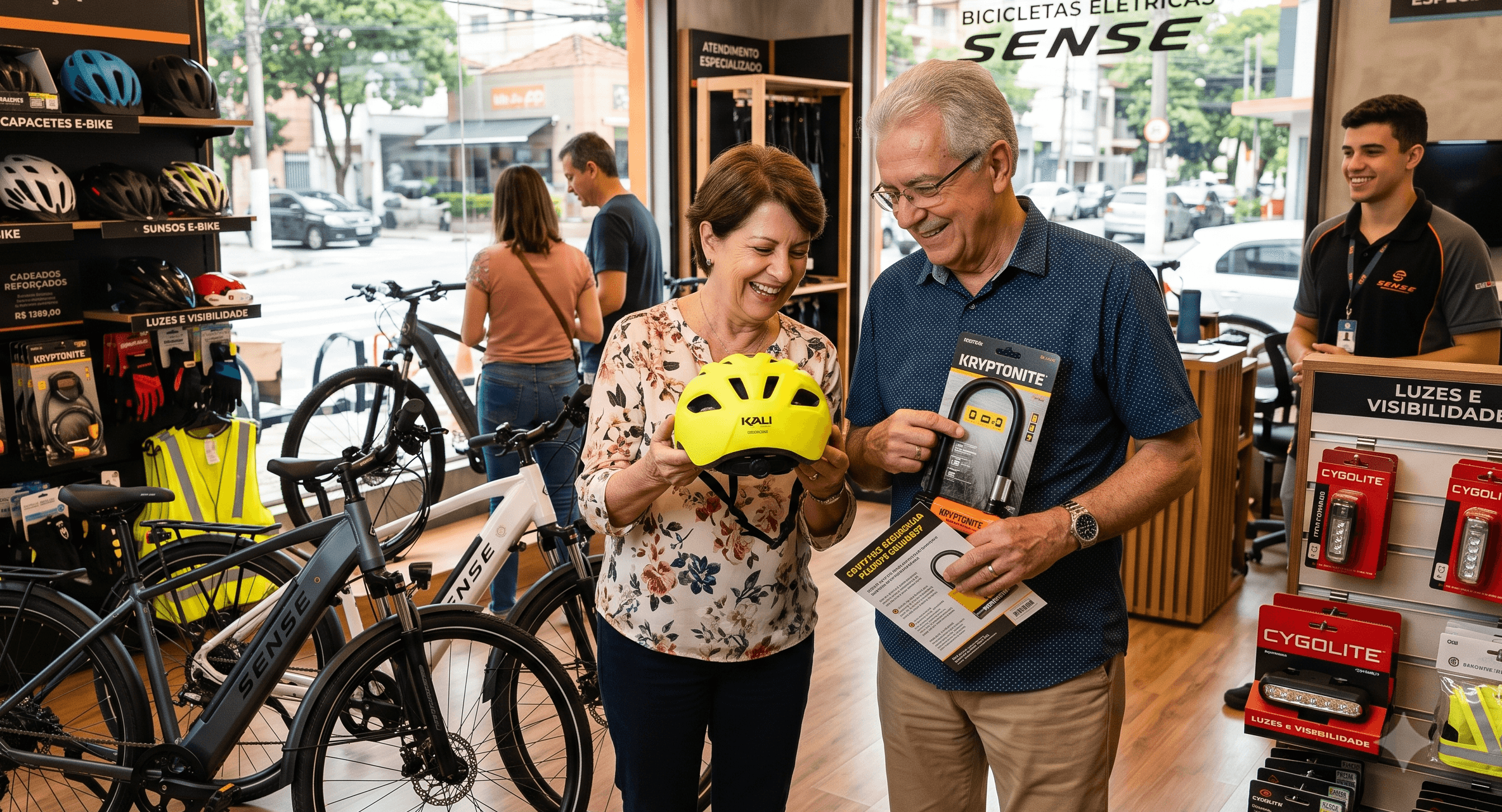 asal de idosos sorridente em uma loja, analisando op&ccedil;&otilde;es de produtos, representando o processo de escolha cuidadosa do equipamento de seguran&ccedil;a.