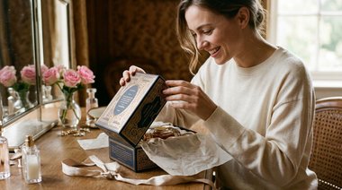Mulher sorrindo ao abrir embalagem de perfume importado, relacionado aos melhores perfumes femininos do mundo.