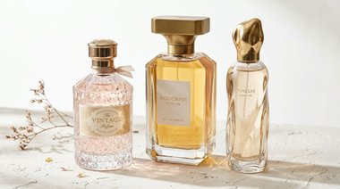Três frascos dos melhores perfumes femininos dispostos sobre fundo branco, destacando diferentes designs elegantes e sofisticados de fragrâncias.