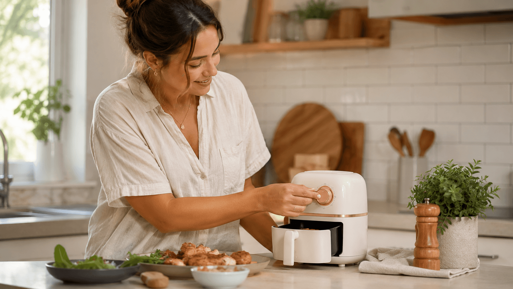 mulher usando uma mini air fryer sobre a bancada de uma cozinha aconchegante, ajustando o bot&atilde;o enquanto prepara uma pequena por&ccedil;&atilde;o de comida. 