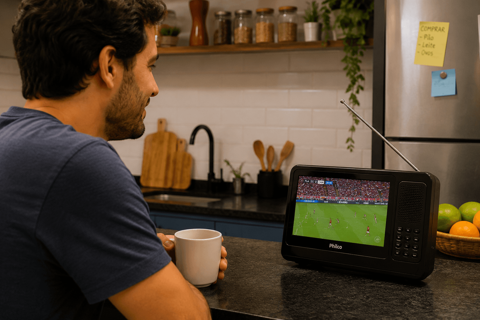 Homem em cozinha moderna assistindo uma mini TV port&aacute;til sobre a bancada enquanto relaxa no ambiente dom&eacute;stico.  