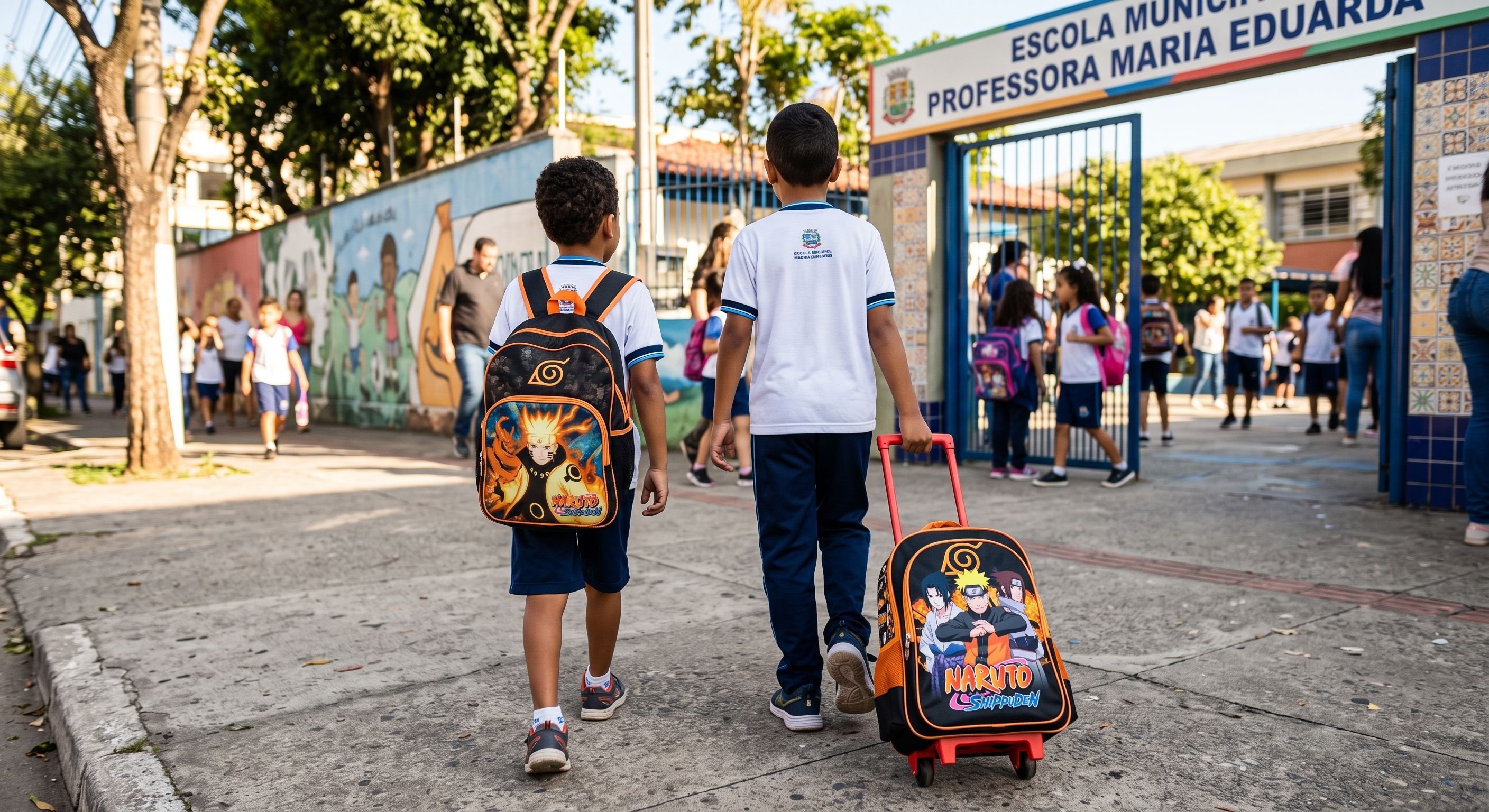 Dois meninos caminhando ao ar livre com mochilas escolares, uma nas costas e outra de rodinhas. Eles estão chegando na escola.