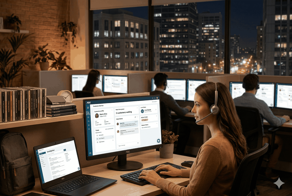Setup de monitoramento de atendimento ao cliente com monitor Dell 24 polegadas flicker-free, operador com headset, focado no sistema, em ambiente corporativo moderno.