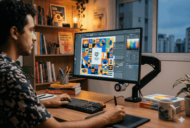 Foto realista de designer gráfico focado trabalhando em monitor profissional de 27 polegadas calibrado, montado em braço articulado, exibindo projeto de identidade visual com cores precisas e ferramentas de design em estúdio moderno com luz natural.