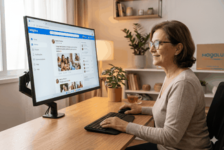 Uma pessoa relaxesa usa um monitor grande e confortável em um ambiente doméstico acolhedor, com tela exibindo texto grande e legível