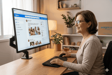 Uma pessoa relaxesa usa um monitor grande e confortável em um ambiente doméstico acolhedor, com tela exibindo texto grande e legível